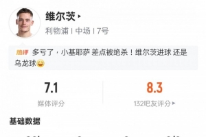 维尔茨本场数据：3关键传球+造乌龙+1次错失进球机会，评分7.1